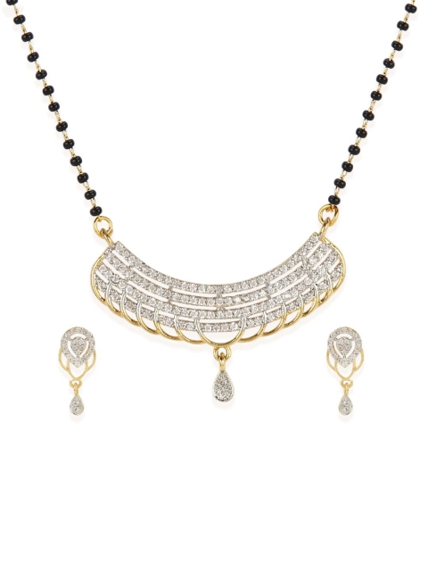 

Bhana Fashion Gold-Plated & Black Beaded AD-Studded Mangalsutra With Earrings