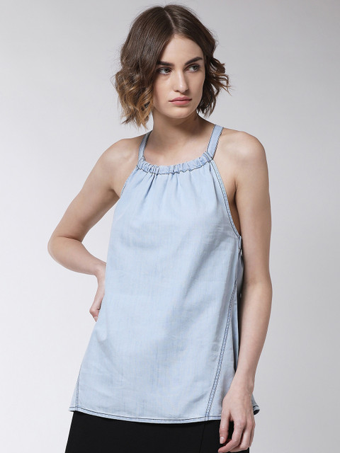 

MAGRE Women Blue Solid A-Line Denim Top