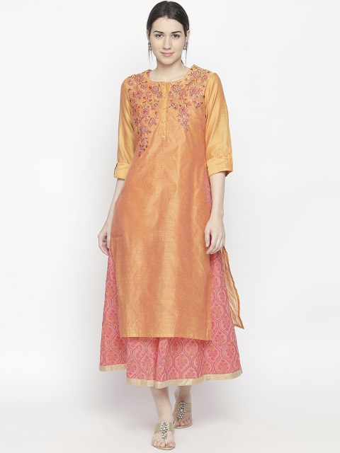 

RANGMANCH BY PANTALOONS Women Yellow & Pink Embroidered Fit and Flare Ethnic Dress