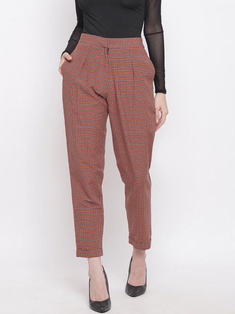 FABNEST Women Orange & Off-White Checked Regular Fit Peg Trousers