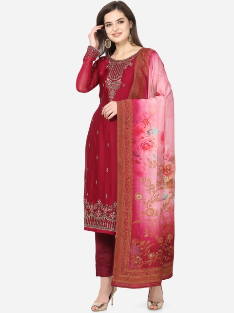 

Stylee LIFESTYLE Red & Gold-Coloured Satin Semi-Stitched Dress Material