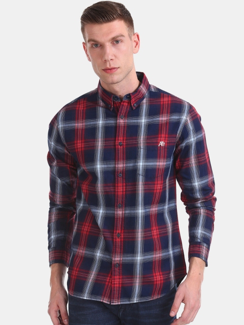 Aeropostale Men Navy Blue & Red Regular Fit Checked Casual Shirt