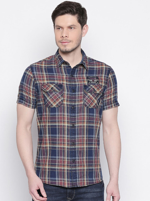 

Mufti Men Blue & Rust Brown Slim Fit Checked Casual Shirt