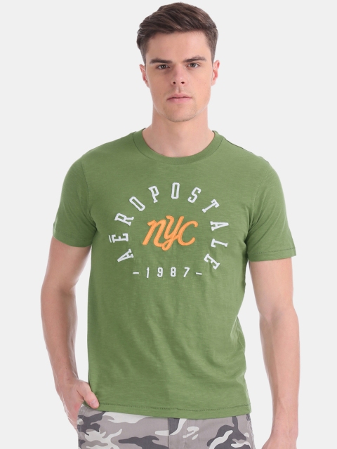 

Aeropostale Men Green Embroidered Round Neck Pure Cotton T-shirt