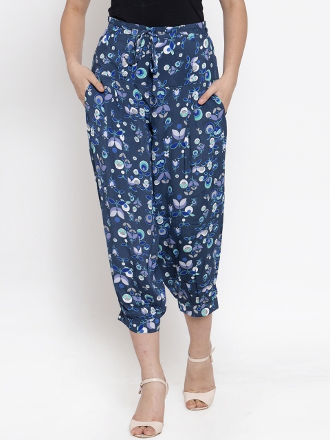 

Ayaany Women Blue & White Loose Fit Printed Peg Trousers