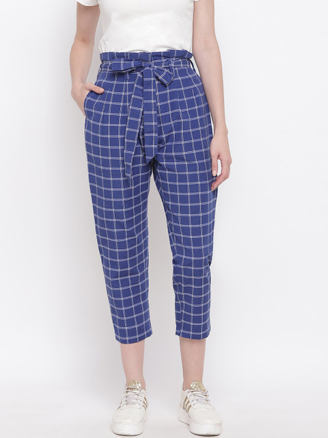 

FABNEST Women Blue & Off-White Checked Regular Fit Peg Trousers