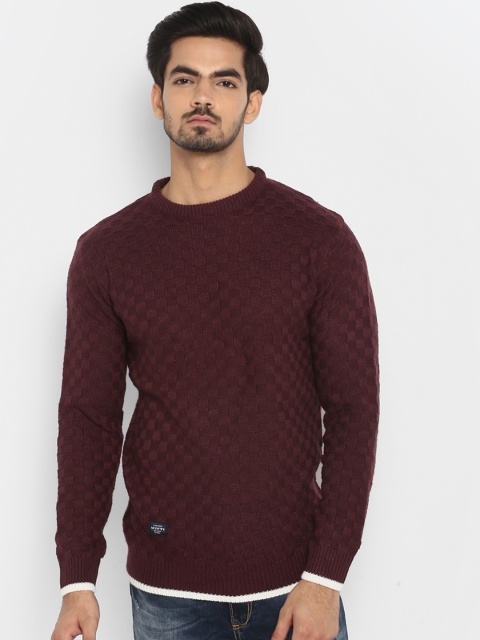 

Mufti Men Burgundy Self Design Pullover Sweater