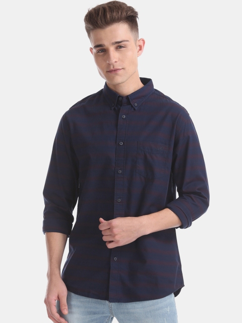 

Aeropostale Men Blue & Brown Regular Fit Striped Casual Shirt
