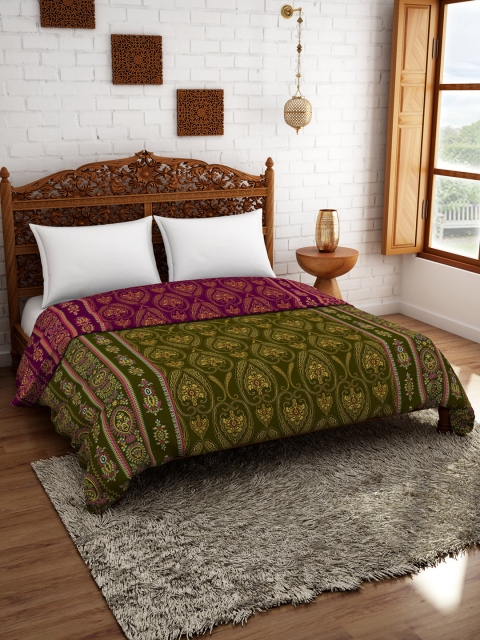 

SPACES Olive Green Ethnic Motifs AC Room 150 GSM Double Bed Quilt