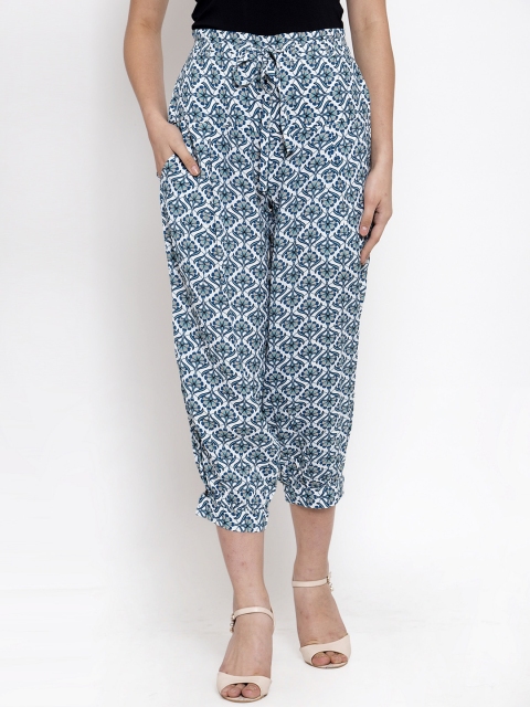 

Ayaany Women Teal Blue & White Loose Fit Printed Peg Trousers