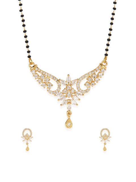 

Bhana Fashion Gold-Plated & Black Beaded AD-Studded Mangalsutra With Earrings