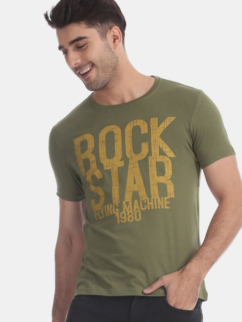 

Flying Machine Men Green Yellow Printed Round Neck Pure Cotton T-shirt