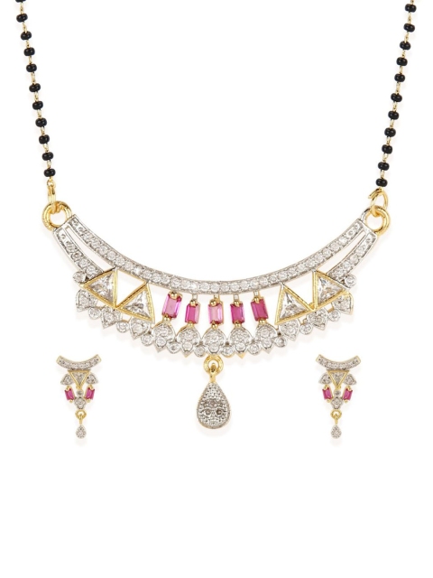 

Bhana Fashion Gold-Plated & Black Beaded AD-Studded Mangalsutra With Earrings