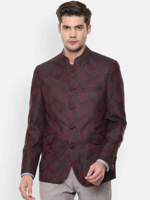 

Van Heusen Men Maroon & Black Printed Slim Fit Bandhgala Blazer