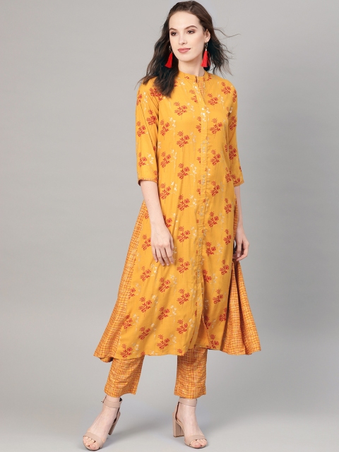 Juniper Women Mustard Yellow & Maroon Printed Straight Kurta