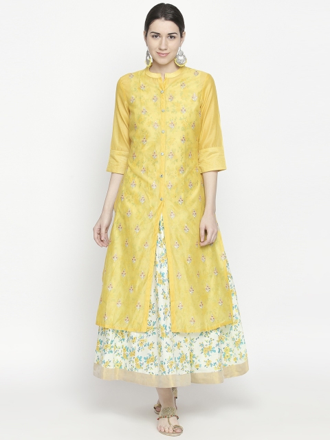 

RANGMANCH BY PANTALOONS Women Yellow & Off-White Embroidered Fit and Flare EthnicDress