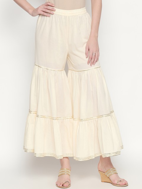 

RANGMANCH BY PANTALOONS Women Off-White Solid Flared Palazzos