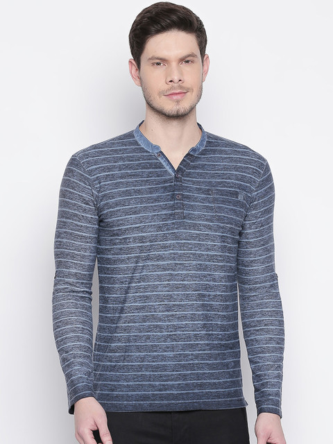 

Mufti Men Blue Striped Henley Neck T-shirt