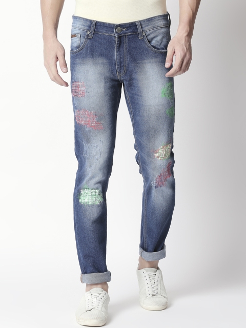 

BOLTS and BARRELS Men Blue Slim Fit Low-Rise Clean Look Printed Stretchable Jeans