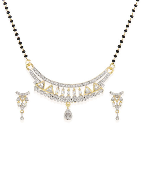 

Bhana Fashion Gold-Plated & Black Beaded AD-Studded Mangalsutra With Earrings