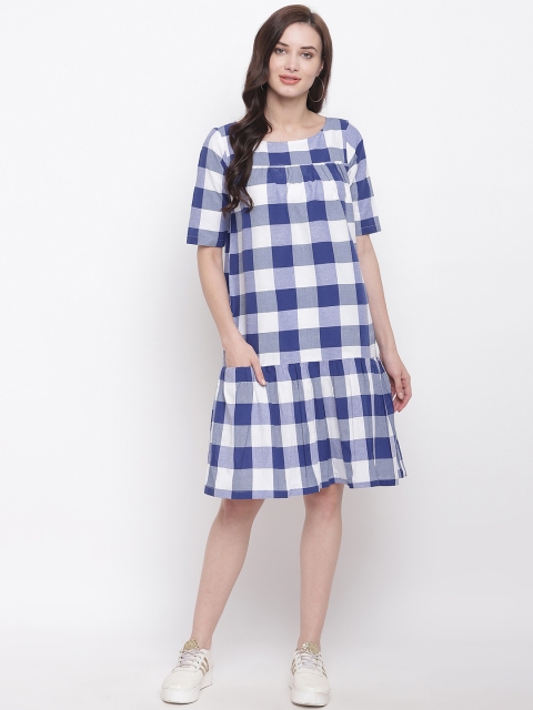 

FABNEST Women Blue Checked Drop-Waist Dress