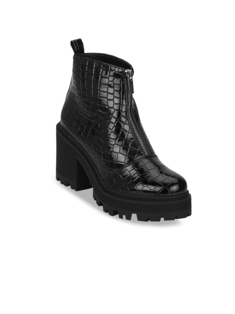 

Truffle Collection Women Black Textured Heeled Mid-Top Boots