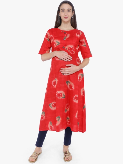 

MomToBe Women Red Printed Maternity A-Line Kurta