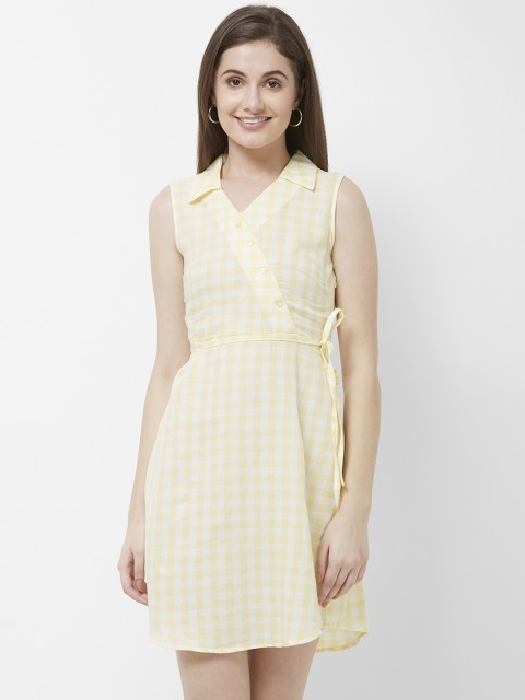

109F Women Yellow & White Checked Wrap Dress