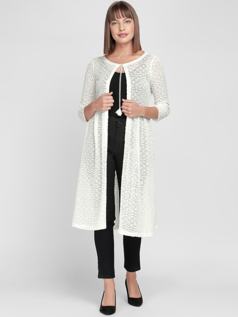 

AND Women White Self Design Tie-Up Longline Shrug