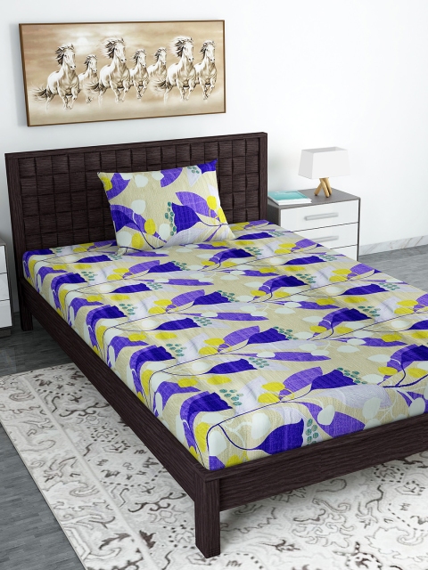

Divine Casa Beige & Blue Floral 180 TC Cotton 1 Single Bedsheet with 1 Pillow Covers