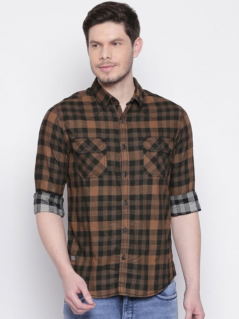 

Mufti Men Khaki & Black Slim Fit Checked Casual Shirt