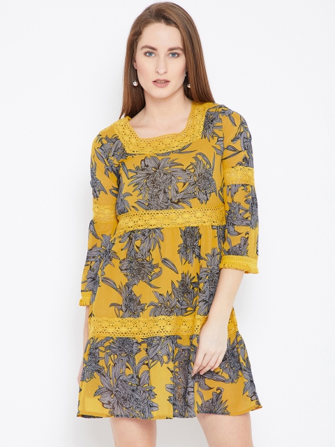 

Toshee Women Mustard Yellow Tropical Print Fit and Flare Dress