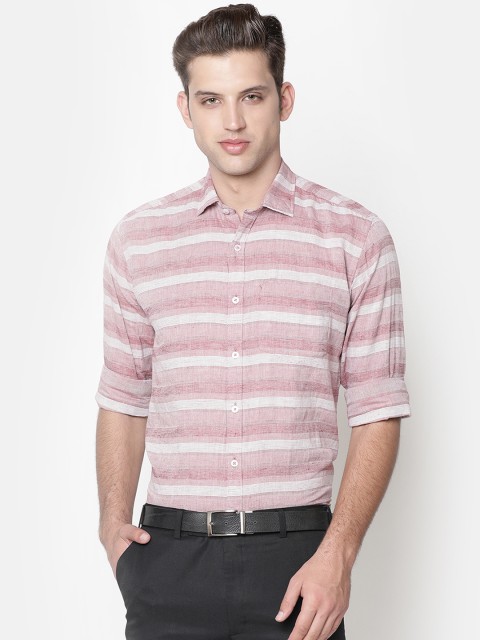 

CAVALLO by Linen Club Men Cotton Linen Pink & White Regular Fit Striped Formal Shirt