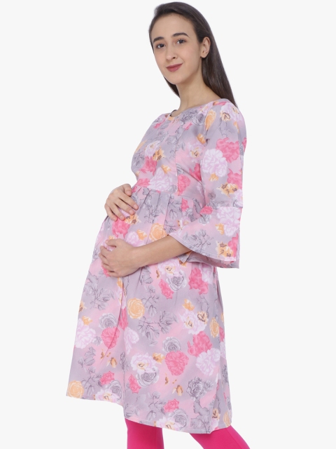 

MomToBe Women Pink & Grey Floral Printed Maternity A-Line Kurta