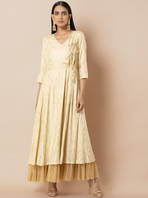 

INDYA Women Off-White & Golden Printed Angrakha Anarkali Kurta