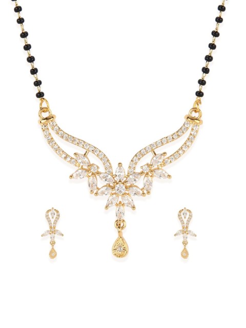 

Bhana Fashion Gold-Plated & Black Beaded AD-Studded Mangalsutra With Earrings
