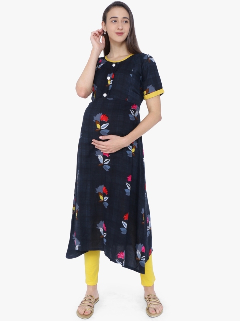 

MomToBe Women Grey & Navy Blue Printed Maternity A-Line Kurta