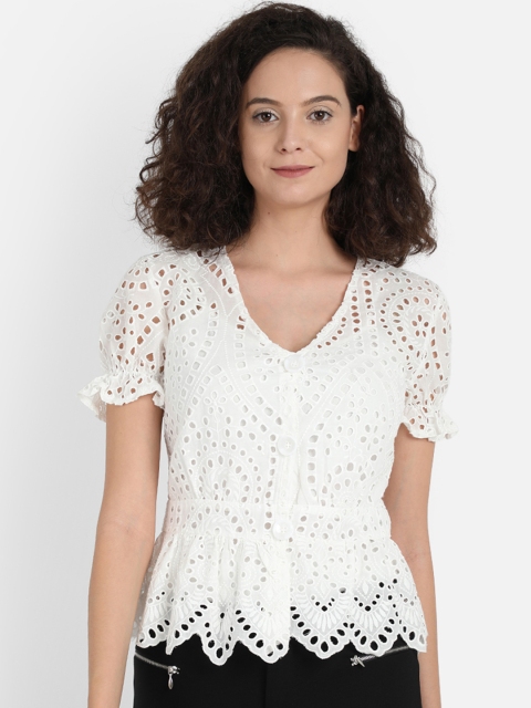

COVER STORY Women White Self Design Peplum Top