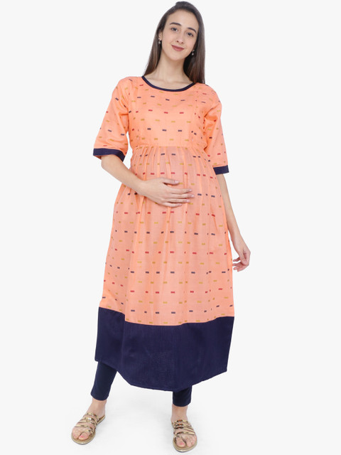 

MomToBe Women Peach-Coloured & Red Printed Maternity A-Line Kurta