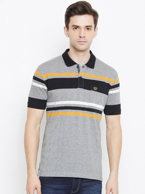 

Duke Men Grey & Black Striped Polo Collar T-shirt