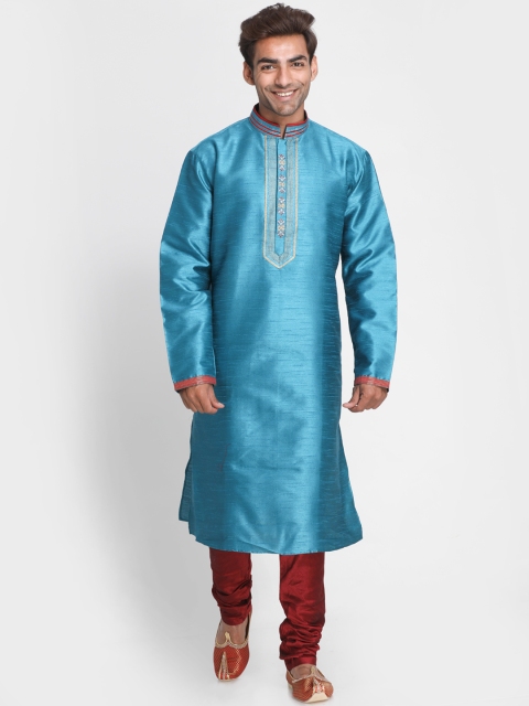 

Lakshya by Manish Men Turquoise Blue & Maroon Solid Kurta with Churidar
