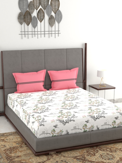 

Trident White & Coral Pink Floral 120 TC Cotton 1 Queen Bedsheet with 2 Pillow Covers
