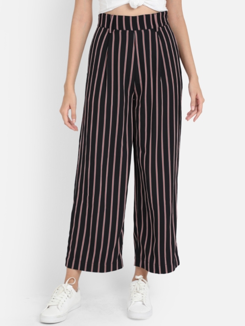 

COVER STORY Women Black & White Regular Fit Striped Crop Parallel Trousers