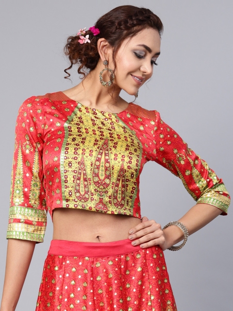 

Juniper Women Coral Pink & Yellow Printed Crop Top