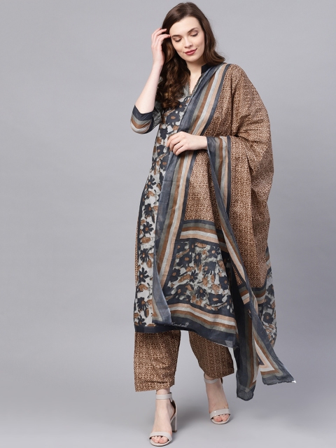 

Ishin Women Grey & Brown Printed Kurta with Trousers & Dupatta