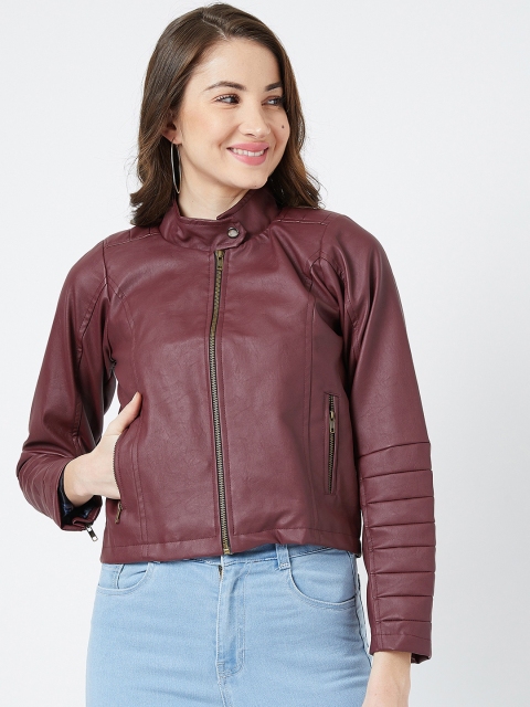 The Dry State Women Maroon Solid Leather Jacket