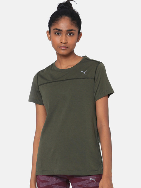 

Puma Women Olive Green Solid Round Neck T-shirt