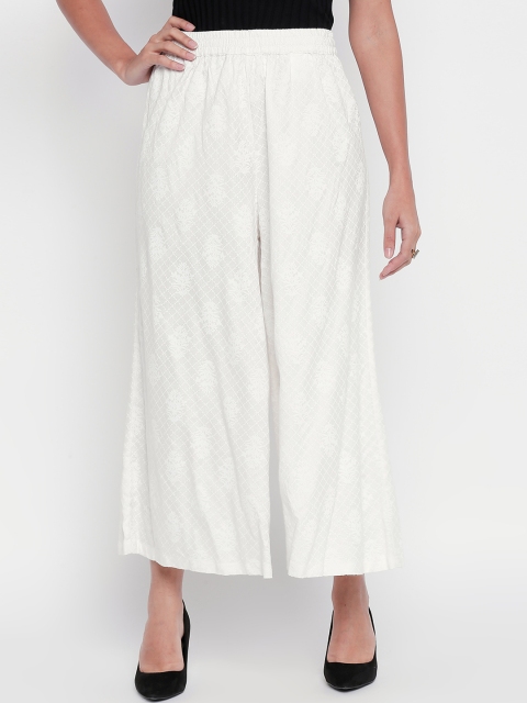 

RANGMANCH BY PANTALOONS Women Off-White Straight Fit Printed Parallel Trousers