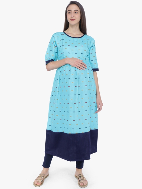 

MomToBe Women Blue & Beige Printed A-Line Maternity Kurta