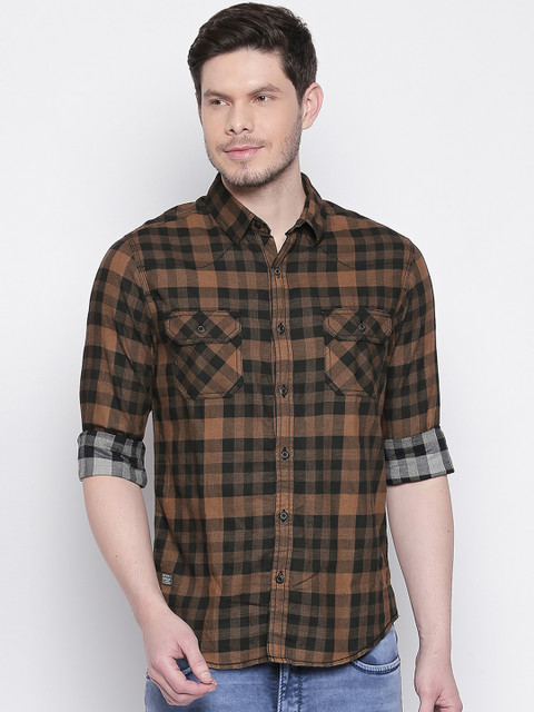 

Mufti Men Khaki & Black Slim Fit Checked Casual Shirt